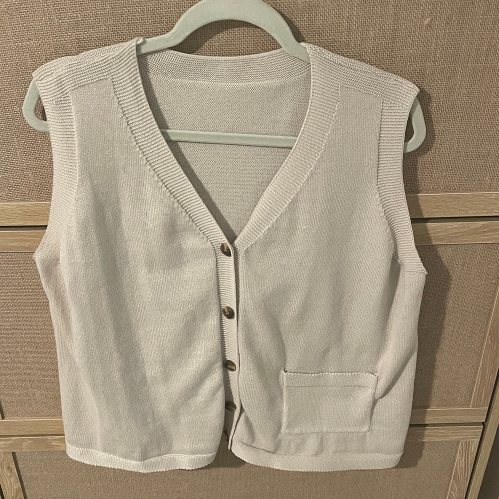 Cream Button-Front Knit Vest with Pocket